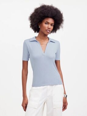 Madewell Drapey Rib Short-Sleeve Polo Knit Top in Light Blue